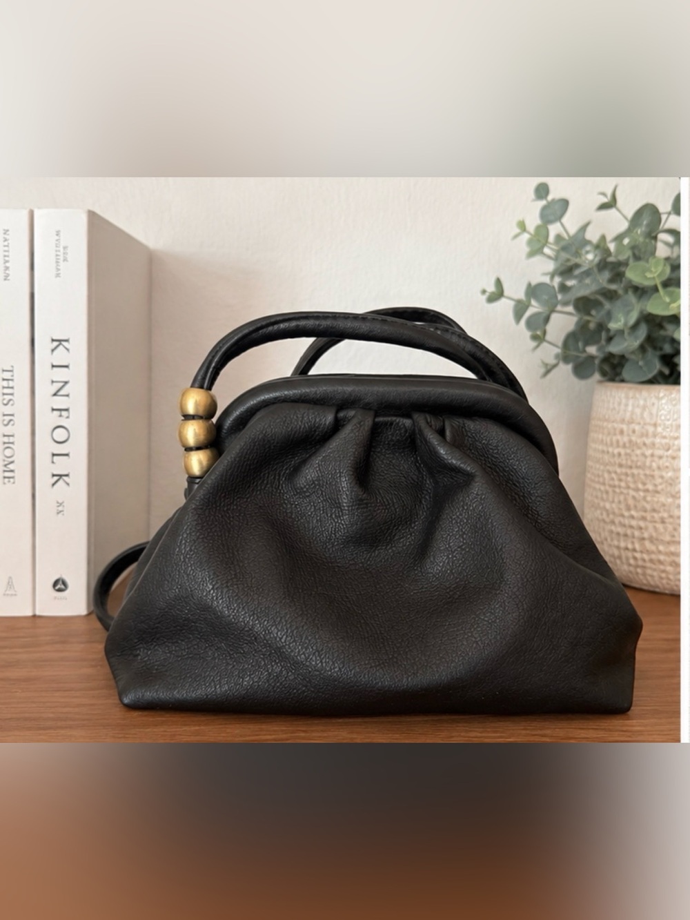 HOBO Black Leather Ruched Frame Wristlet with Gold Bead Accent